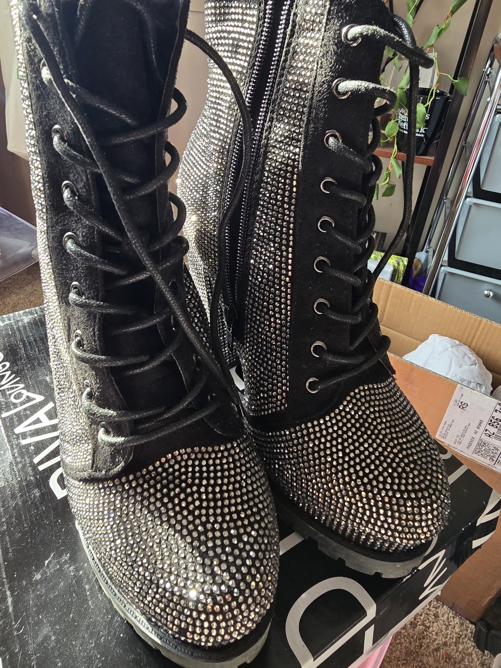 Wild Diva Black Crystal Lace-Up Combat Boots